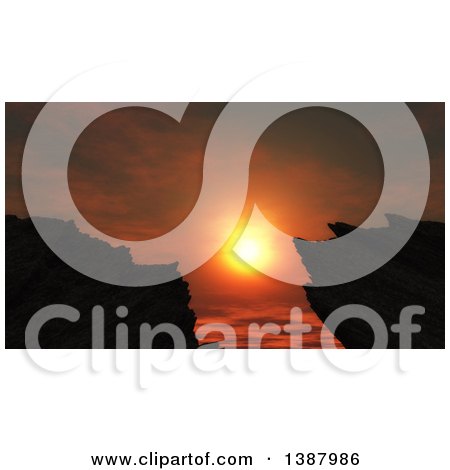 Clipart of a Deep Orange Sunset Framed Between Silhouetted Mountains - Royalty Free Illustration by KJ Pargeter