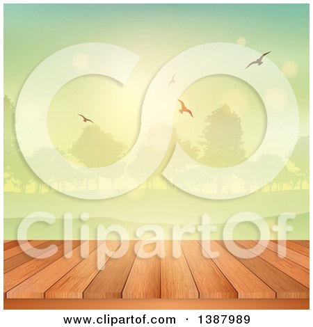 Clipart of a 3d Deck or Picnic Table with a View of a Park at Sunrise or Sunset - Royalty Free Vector Illustration by KJ Pargeter