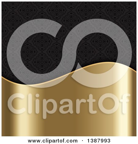 Clipart of a Black Damask Background with a Shiny Gold Wave Panel - Royalty Free Vector Illustration by KJ Pargeter