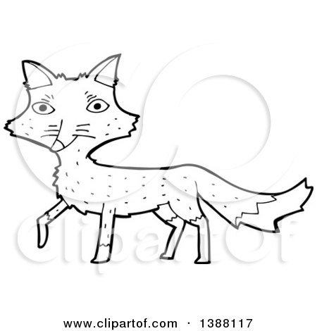 Clipart of a Cartoon Black and White Lineart Fox - Royalty Free Vector Illustration by lineartestpilot