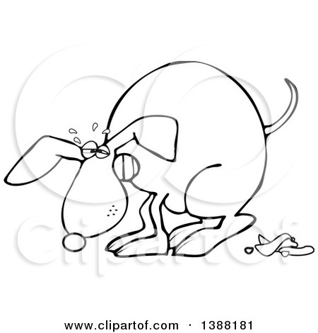 Clipart of a Cartoon Black and White Lineart Dog Straining and Pooping - Royalty Free Vector Illustration by djart