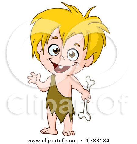 Clipart of a Happy Blond Prehistoric Cave Boy Holding a Bone and Waving - Royalty Free Vector Illustration by yayayoyo