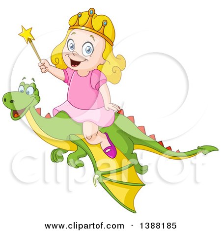Clipart of a Happy Blond Caucasian Princess Girl Riding a Flying Dragon and Holding a Wand - Royalty Free Vector Illustration by yayayoyo