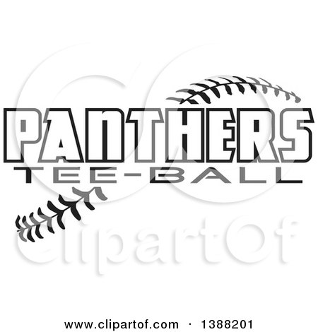 Clipart of Black and White Panthers Tee Ball Text over Baseball Stitches - Royalty Free Vector Illustration by Johnny Sajem