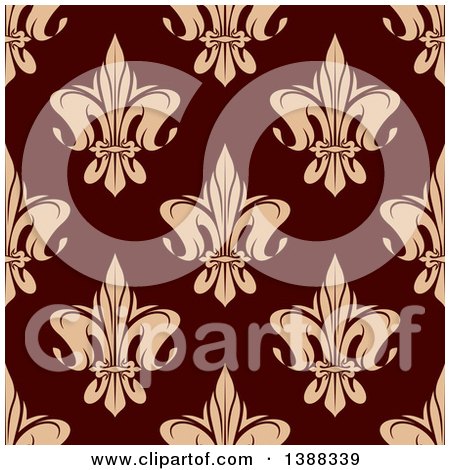 Clipart of a Seamless Pattern Background of Tan Fleur De Lis on Maroon - Royalty Free Vector Illustration by Vector Tradition SM