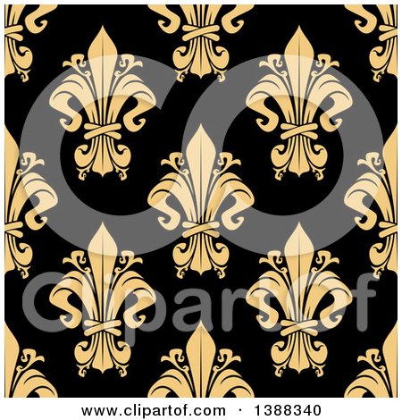 Clipart of a Seamless Pattern Background of Tan Fleur De Lis on Black - Royalty Free Vector Illustration by Vector Tradition SM