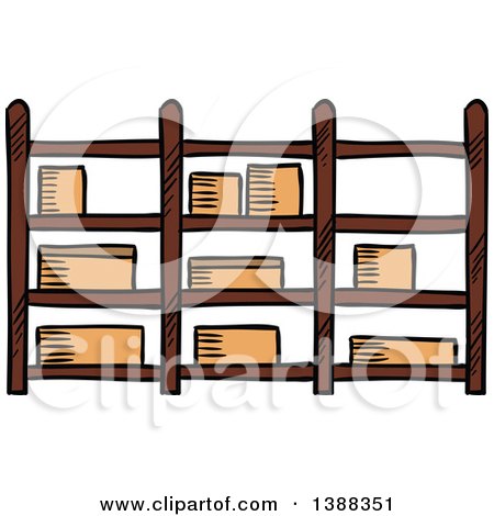 Clipart of Sketched Shipping Boxes on Shelves - Royalty Free Vector Illustration by Vector Tradition SM