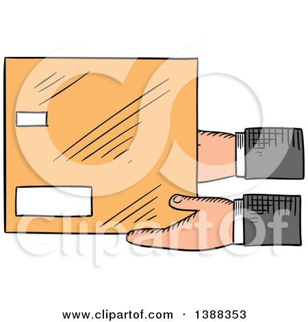 Clipart of Sketched Hands Holding a Shipping Box - Royalty Free Vector Illustration by Vector Tradition SM