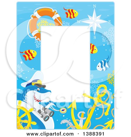 Clipart of a Vertical Border of a Shark Captain and Fish with a Sunken Helm - Royalty Free Vector Illustration by Alex Bannykh