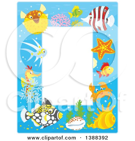 Clipart of a Vertical Border Frame of Marine Fish and Sea Creatures - Royalty Free Vector Illustration by Alex Bannykh