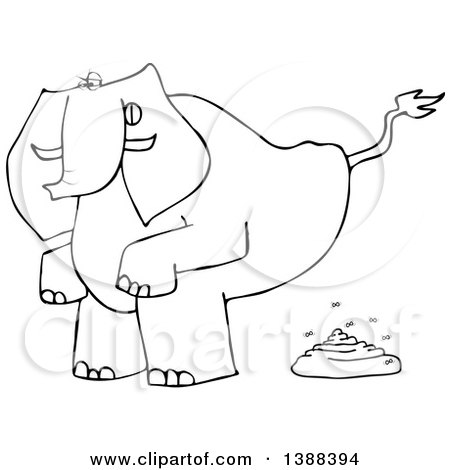 Clipart of a Cartoon Black and White Lineart Elephant Squatting and Pooping - Royalty Free Vector Illustration by djart
