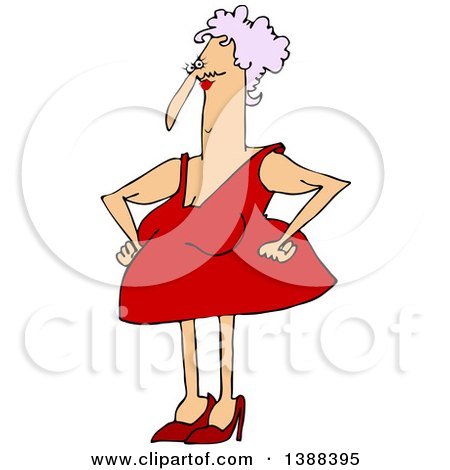 Clipart of a Cartoon Chubby Caucasian Granny in a Sexy Red Dress - Royalty Free Vector Illustration by djart