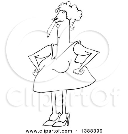 Clipart of a Cartoon Black and White Lineart Chubby Granny in a Sexy Dress - Royalty Free Vector Illustration by djart