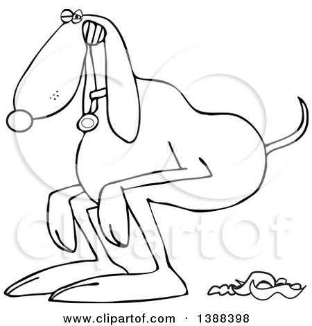 Clipart of a Cartoon Black and White Lineart Dog Straining to Poop - Royalty Free Vector Illustration by djart