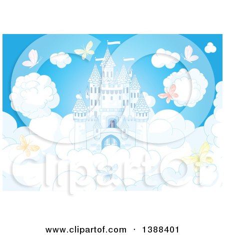 Clipart of a White Fairy Tale Castle in the Sky, on Puffy Clouds, with Colorful Butterflies - Royalty Free Vector Illustration by Pushkin