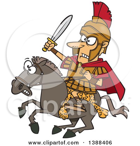 Clipart of a Cartoon Spartan Soldier, Alexander the Great, Wielding a Sword on a Horse - Royalty Free Vector Illustration by toonaday