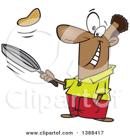 Clipart of a Cartoon Black Man Flipping Pancakes - Royalty Free Vector Illustration by toonaday