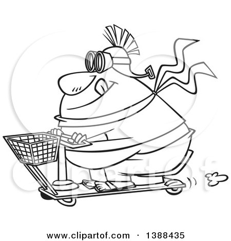 Clipart of a Cartoon Black and White Lineart Fat Man Wearing a Helmet and Goggles on a Scooter - Royalty Free Vector Illustration by toonaday