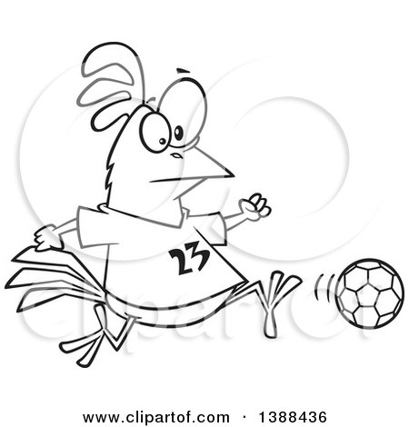 Clipart of a Cartoon Black and White Lineart Chicken Playing Soccer - Royalty Free Vector Illustration by toonaday