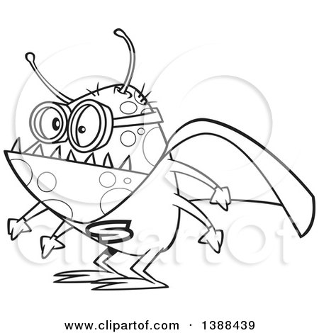 Clipart of a Cartoon Black and White Lineart Super Illness Bug Wearing a Cape - Royalty Free Vector Illustration by toonaday