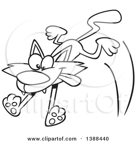 Clipart of a Cartoon Black and White Lineart Cat Pouncing - Royalty Free Vector Illustration by toonaday