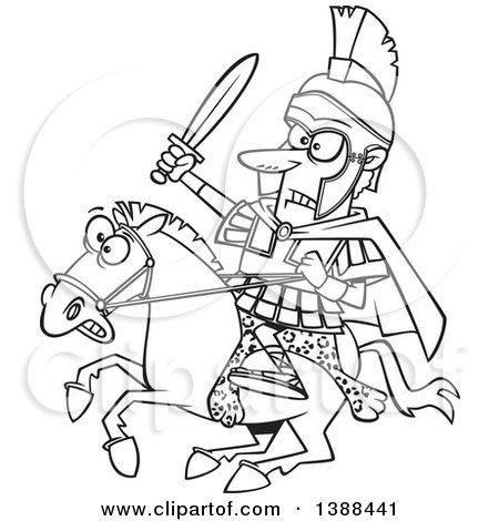 Clipart of a Cartoon Black and White Lineart Spartan Soldier, Alexander the Great, Wielding a Sword on a Horse - Royalty Free Vector Illustration by toonaday