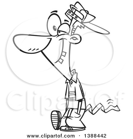 Clipart of a Cartoon Black and White Lineart April Foolish Guy Walking with Toilet Paper Tucked in His Pants - Royalty Free Vector Illustration by toonaday