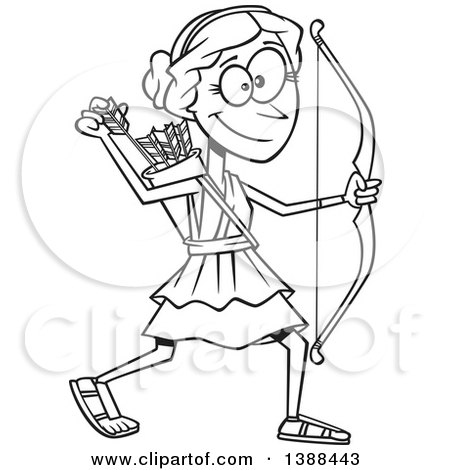 Clipart of a Cartoon Black and White Lineart Artemis Shooting Arrows - Royalty Free Vector Illustration by toonaday