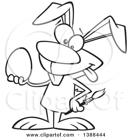 Clipart of a Cartoon Black and White Lineart Easer Bunny Rabbit Holding a Blank Easter Egg - Royalty Free Vector Illustration by toonaday