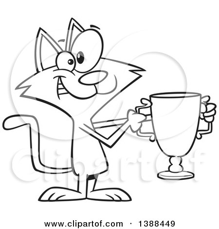Clipart of a Cartoon Black and White Lineart Cat Champion Holding a Trophy - Royalty Free Vector Illustration by toonaday