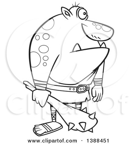 Clipart of a Cartoon Black and White Lineart Cyclops Holding a Club - Royalty Free Vector Illustration by toonaday