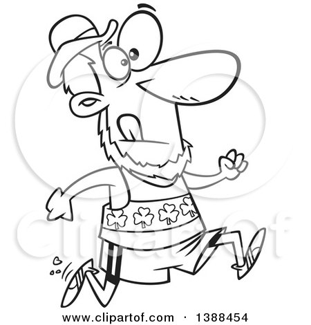 Clipart of a Cartoon Black and White Lineart St Patricks Day Leprechaun Running a Marathon - Royalty Free Vector Illustration by toonaday