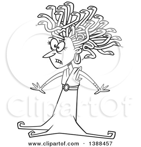 Clipart of a Cartoon Black and White Lineart Medusa with Snake Hair - Royalty Free Vector Illustration by toonaday