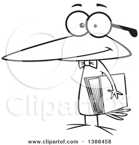 Clipart of a Cartoon Black and White Lineart Nerdy Birdie Holding a School Book - Royalty Free Vector Illustration by toonaday