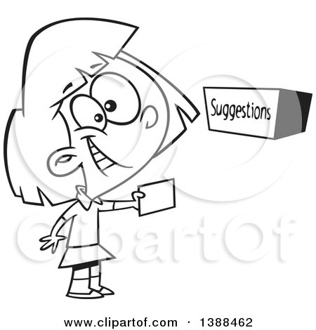 Clipart of a Cartoon Black and White Lineart Girl Putting a Note in a Suggestion Box - Royalty Free Vector Illustration by toonaday