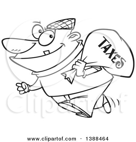 Clipart of a Cartoon Black and White Lineart Male Robber Carrying a Bag of Taxes - Royalty Free Vector Illustration by toonaday