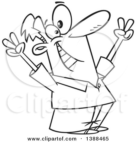 Clipart of a Cartoon Black and White Lineart Victorious Man Cheering - Royalty Free Vector Illustration by toonaday