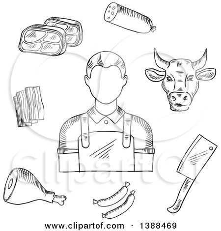 Clipart of a Black and White Sketched Butcher, Cow and Meats - Royalty Free Vector Illustration by Vector Tradition SM
