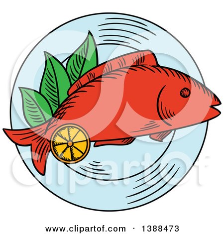 Clipart of a Sketched Baked Fish on a Plate - Royalty Free Vector Illustration by Vector Tradition SM