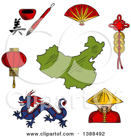 Clipart of a Sketched Dragon, Paper Lantern, Folding Fan, China Man, Hieroglyph and Coins Around a Map of China - Royalty Free Vector Illustration by Vector Tradition SM