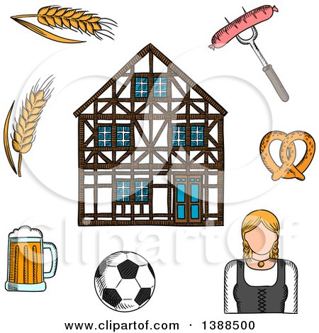 Clipart of a Sketched Beer Mug, Grilled Sausage, Pretzel, Football Ball, Woman in National Costume, Barley and Traditional German Half-timbered Building - Royalty Free Vector Illustration by Vector Tradition SM