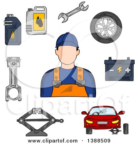 Clipart of a Sketched Mechanic, Car on Jack, Wheel, Spanner, Piston, Battery and Motor Oil - Royalty Free Vector Illustration by Vector Tradition SM