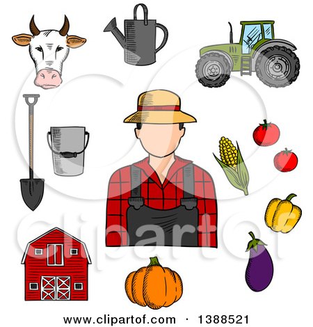 Clipart of a Sketched Male Farmer with Items - Royalty Free Vector Illustration by Vector Tradition SM