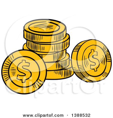 Clipart of Sketched Gold Dollar Coins - Royalty Free Vector Illustration by Vector Tradition SM