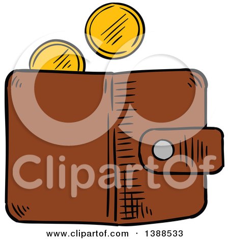Clipart of a Sketched Wallet with Gold Coins - Royalty Free Vector Illustration by Vector Tradition SM