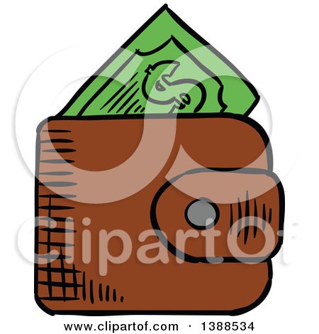 Clipart of a Sketched Wallet with Cash Money - Royalty Free Vector Illustration by Vector Tradition SM