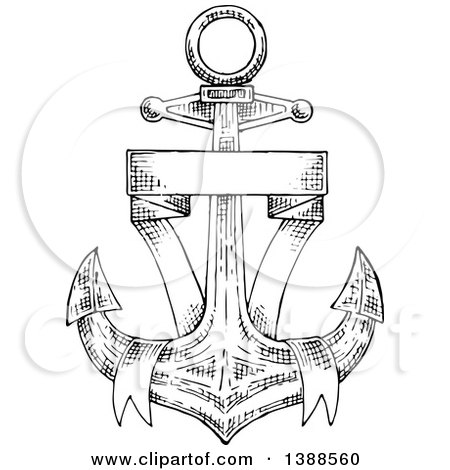 Clipart of a Black and White Sketched Anchor and Blank Banner - Royalty Free Vector Illustration by Vector Tradition SM