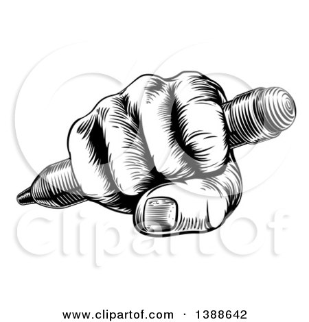 Clipart of a Retro Black and White Woodcut or Engraved Fisted Hand Holding a Pencil - Royalty Free Vector Illustration by AtStockIllustration