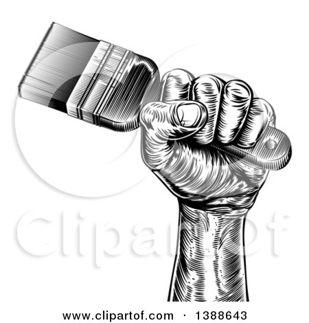 Clipart of a Retro Black and White Woodcut Fisted Hand Holding up a Paintbrush - Royalty Free Vector Illustration by AtStockIllustration