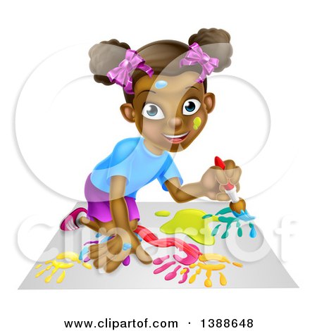 Clipart of a Cartoon Happy Black Girl Kneeling and Painting Artwork - Royalty Free Vector Illustration by AtStockIllustration